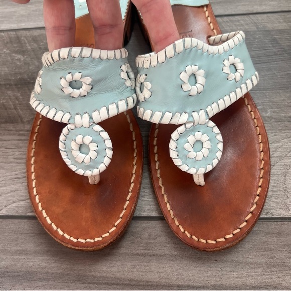 Jack Rogers Mint Blue Leather Thong Sandals with White Whipstitch - 7 - Picture 2 of 5